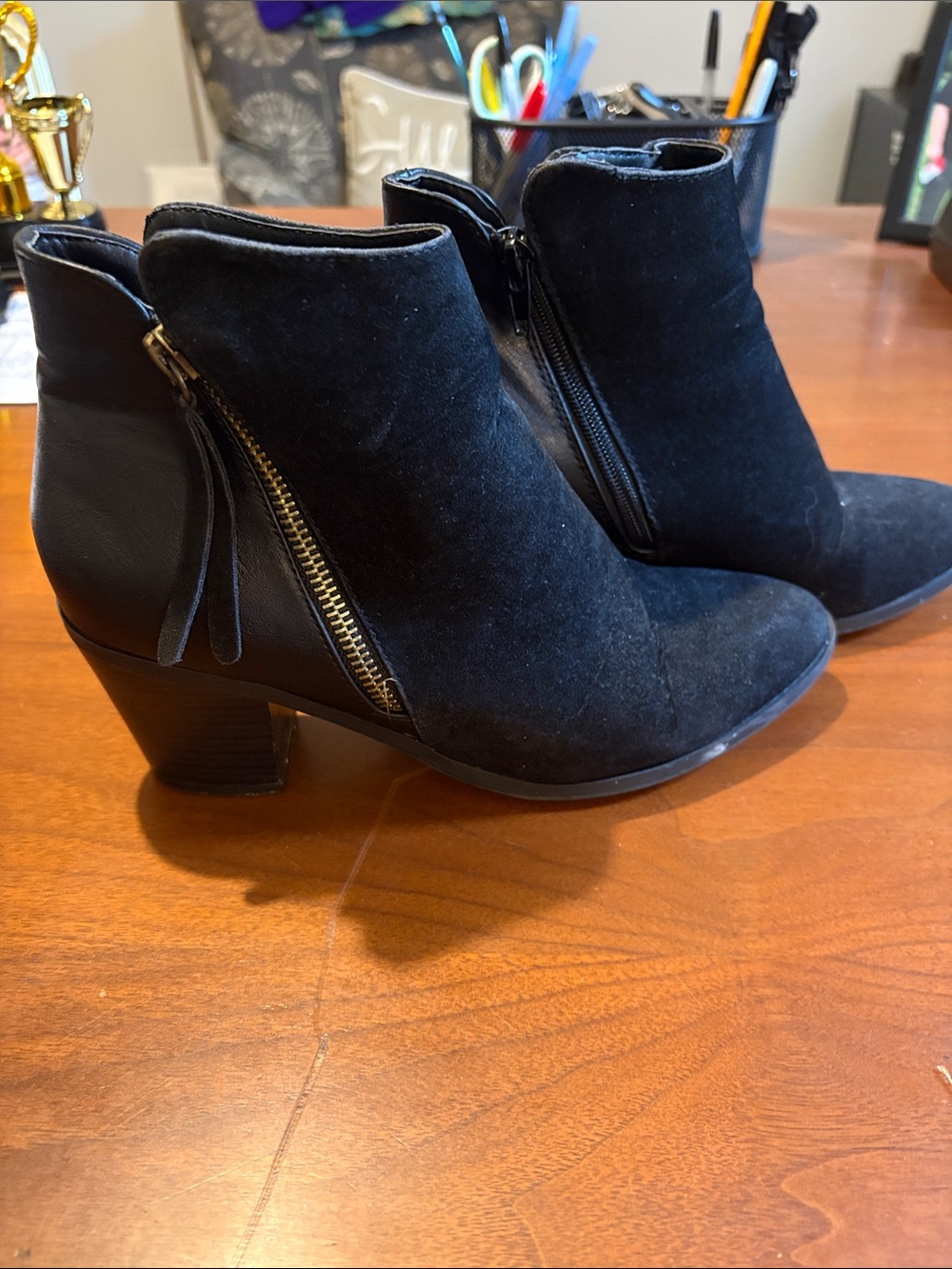 Classic Black Suede Ankle Booties with Side Zip Accent